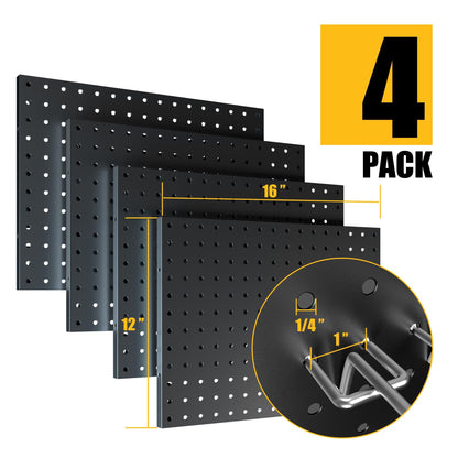 Spampur Peg Board, 4 Pack Metal Pegboard Panels with 50 Hooks, Black Pegboards Wall Organizer, Heavy Duty Peg Board for Walls Home, Garage Tool Storage, Office Organization, Craft Room, Kitchen