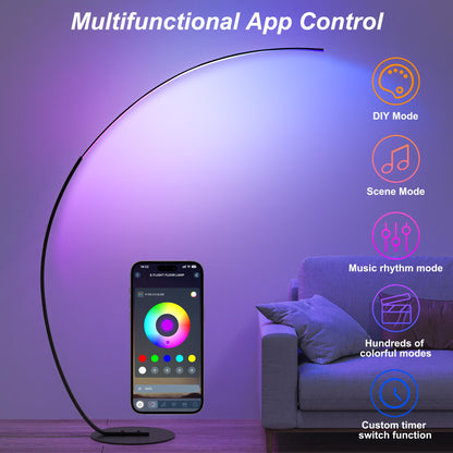 E.P. Light RGBW Modern 69.99 inch Arched Standing Reading Floor Lamp with Remote - Dimmable Black Led Color Changing Curved Ambient Lighting for Bedroom and Living Room
