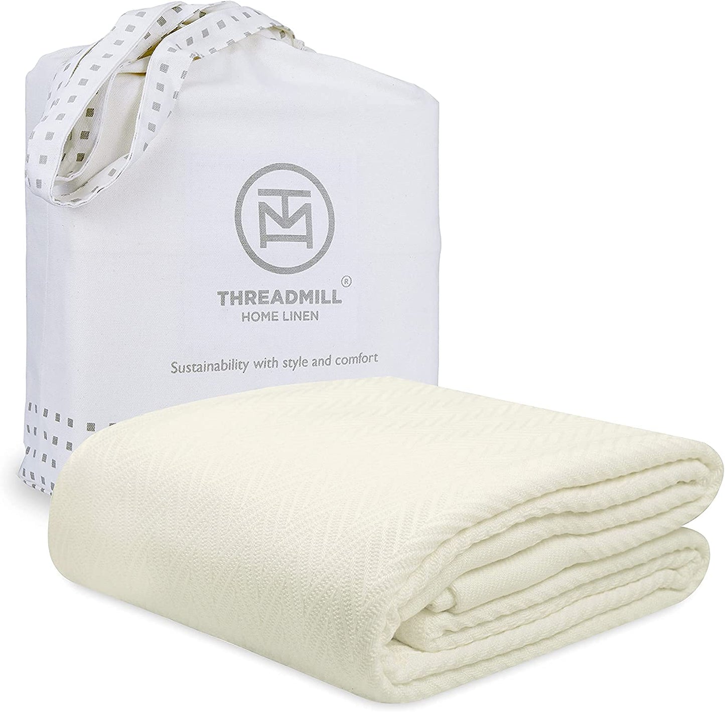 Threadmill Luxury Cotton Blankets for King Size Bed | All-Season Cozy 100% Cotton King Size Blanket | Herringbone Soft Fall Thermal Blanket fits Cal King Size Bed | Tusk White