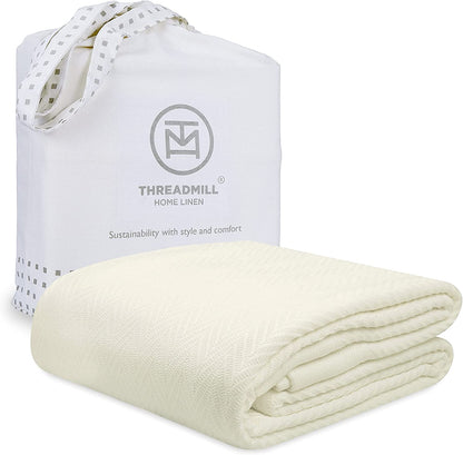 Threadmill Luxury Cotton Blankets for King Size Bed | All-Season Cozy 100% Cotton King Size Blanket | Herringbone Soft Fall Thermal Blanket fits Cal King Size Bed | Tusk White
