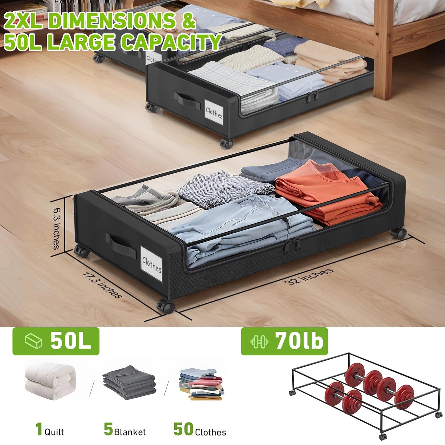 Beborxue Under Bed Storage with Wheels, 2-Pack Under Bed Storage Containers with Clear Lids, XXL 60L Under Bed Shoe Storage Organizer, Rolling Underbed Storage for Clothes, Shoes, Blankets (Black)