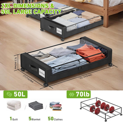 Beborxue Under Bed Storage with Wheels, 2-Pack Under Bed Storage Containers with Clear Lids, XXL 60L Under Bed Shoe Storage Organizer, Rolling Underbed Storage for Clothes, Shoes, Blankets (Black)
