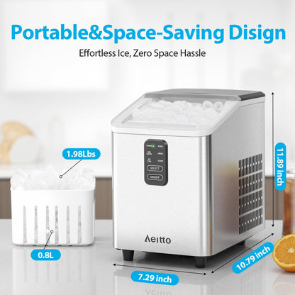 Aeitto Ice Maker Countertop 26lbs/24H, Ice Machine 8 Ice Cubes Ready in 6 Mins, 2 Sizes of Bullet Ice Portable Ice Makers with Basket & Scoop, Auto Self-Cleaning for Home/Kitchen/Office Stainless