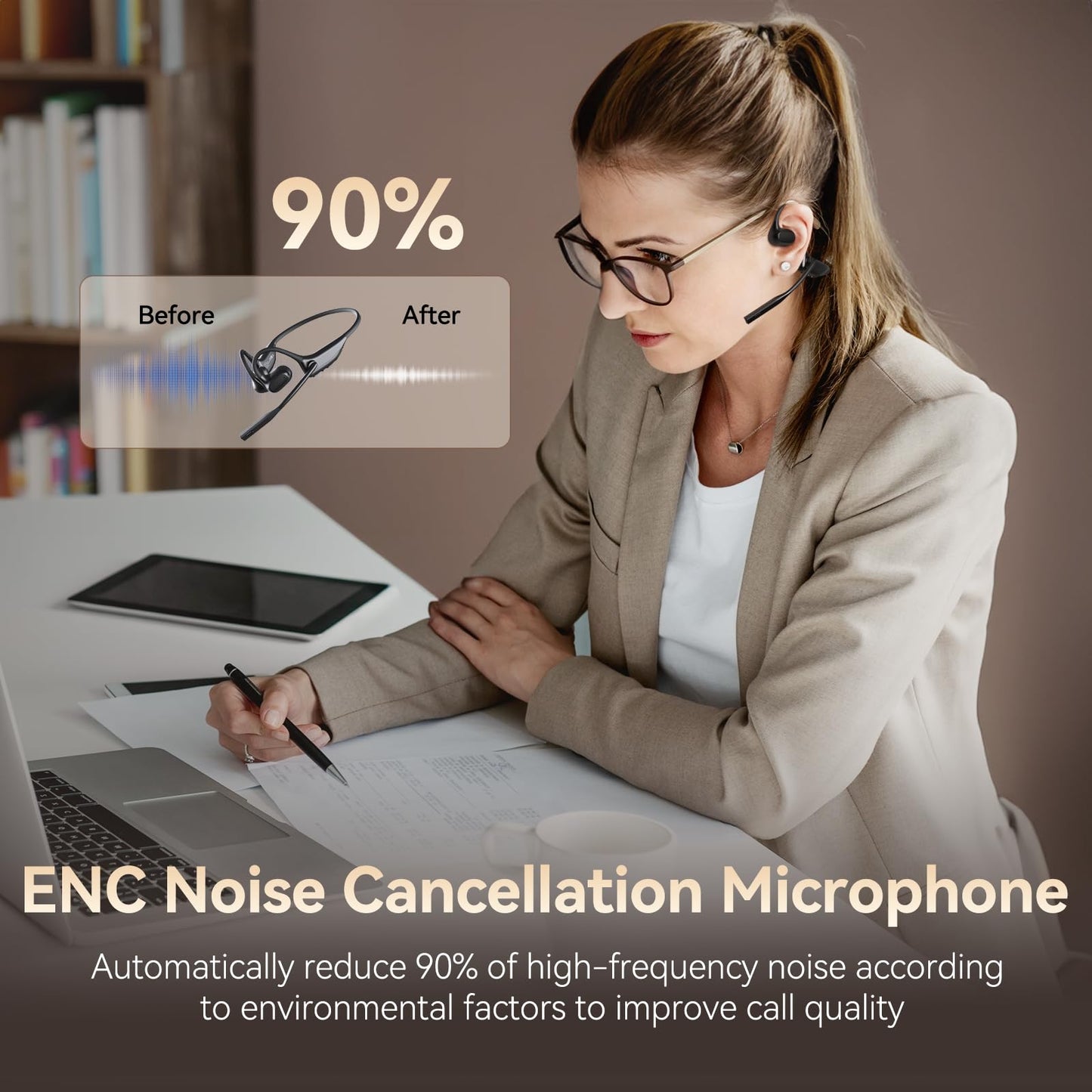 CXK Open Ear Headphones with Mic, Bluetooth Headset with AI Noise Cancellation Microphone Air Conduction Headphones Bluetooth 5.3 Wireless Headset with Mic for Work Call Meeting Driving