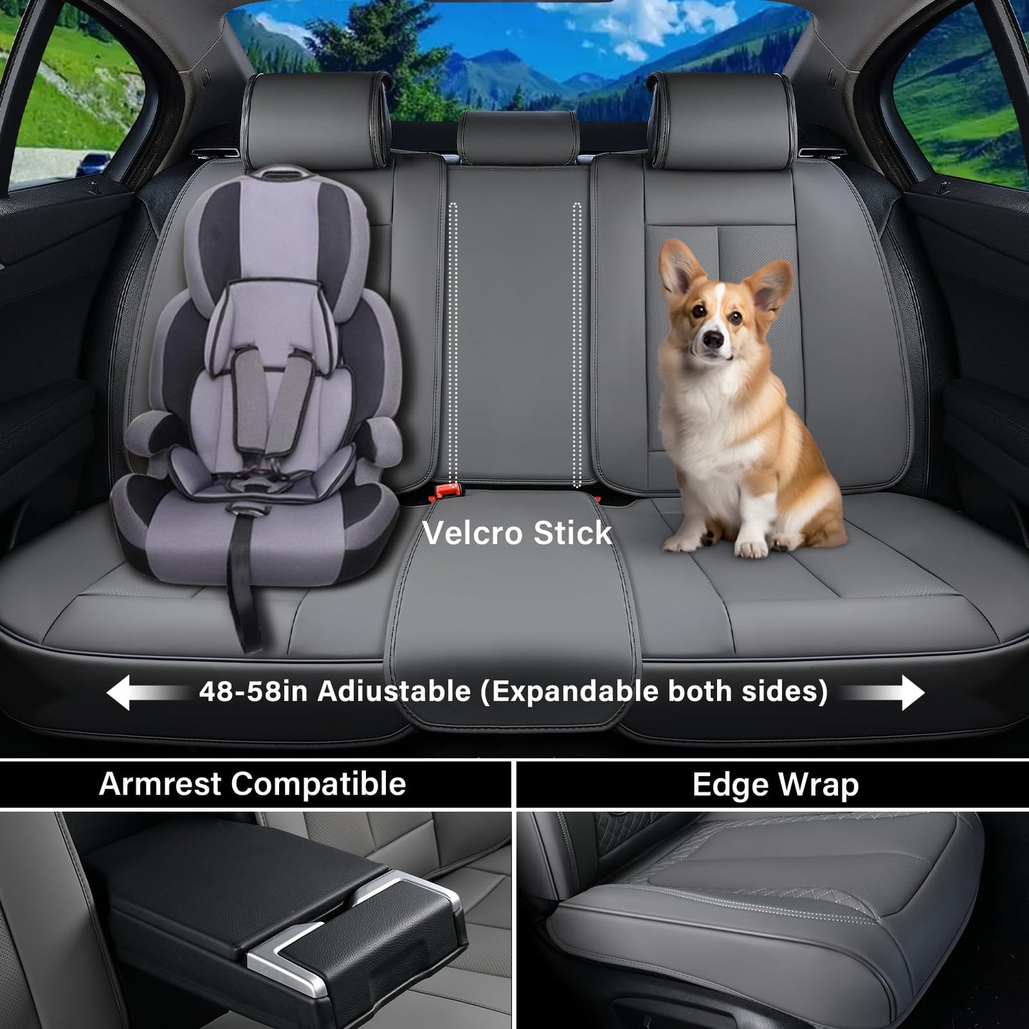 Coverado Car Seat Cover Full Set, Gray Seat Covers Front Seats Back Seat Covers, Nappa Leather Waterproof, Car Seat Cushion, Car Seat Protector Universal Fit Most Cars