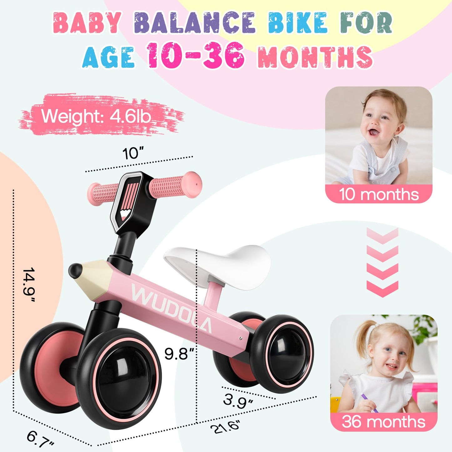 Wudola Baby Balance Bike for 1 Year Old, Birthday Gifts for Boys and Girls - No Pedal 4 Silence Wheels & Soft Seat Toddler Bike for 10-36 Months, Pink