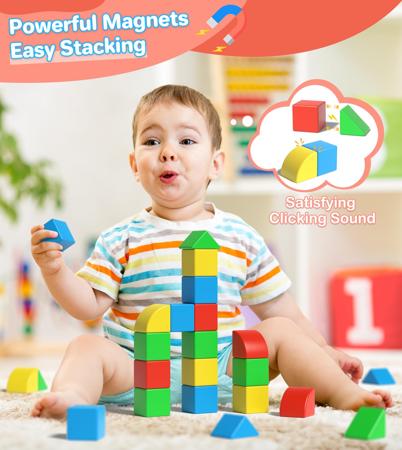 Asago Magnetic Blocks for Toddlers, Kids Building Toys, Creative Stacking Colorful Sensory Block with Magnet, Educational Construction Cubes Set for Boys Girls Children Ages 3 4 5 6 7 8 Year