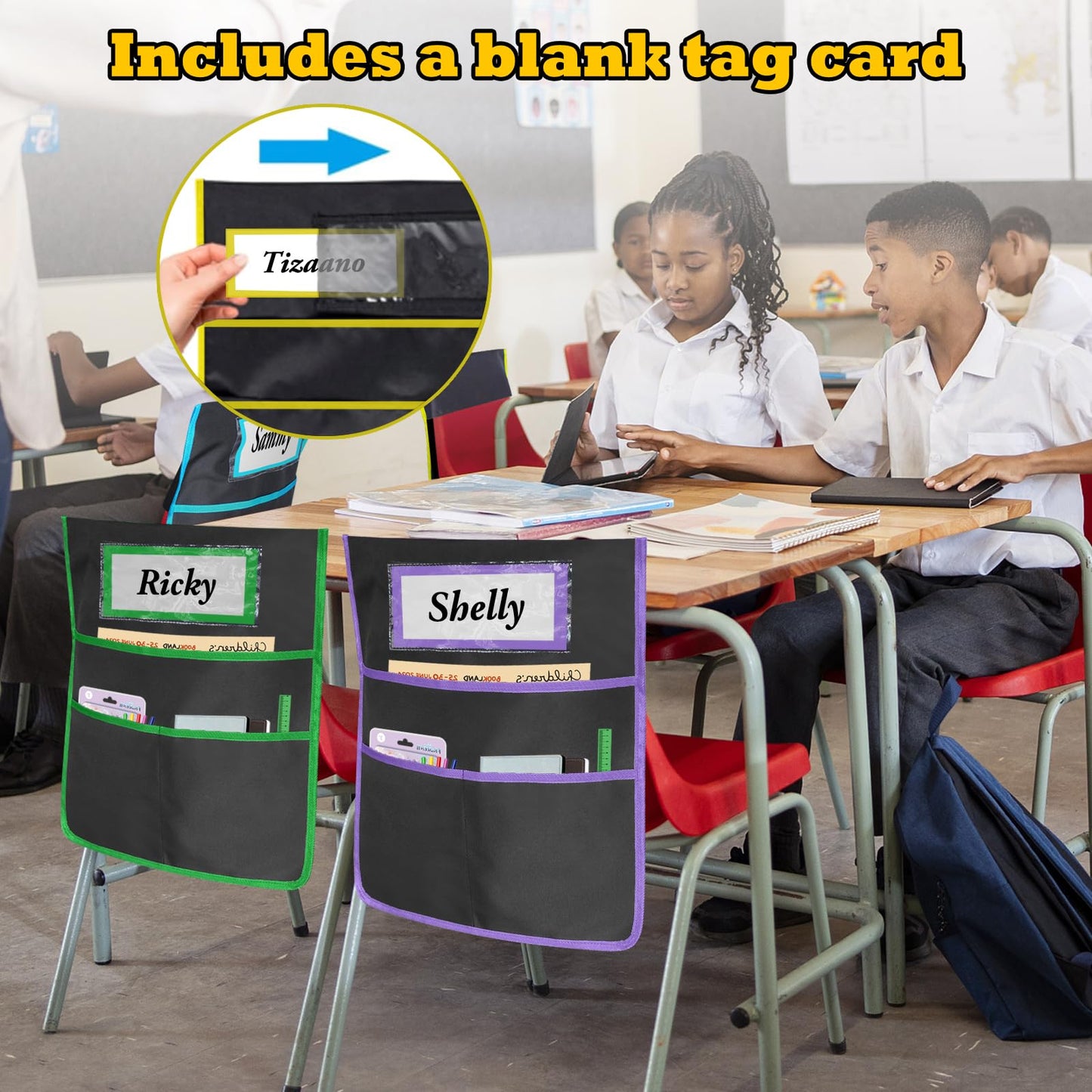 AZKAQA 12 Pack Classroom Chair Pockets 19x16.8 Inch Chairback Buddy Pocket Chart Seat Back Organizer Student Storage with Lable Slot for Classroom Kindergarten School Home