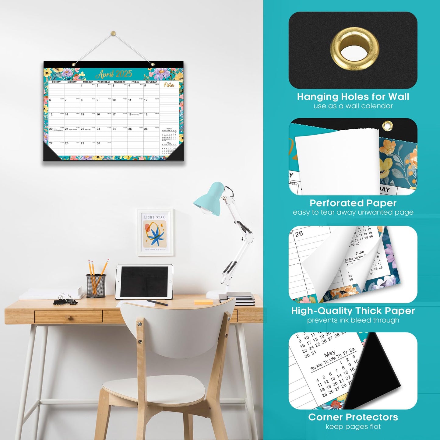 Desk Calendar 2025-2026, 21 Months Calendar Runs from April 2025 to December 2026 - Large 17" x 12" Desktop/Wall Monthly Calendar for Home School, or Office - Floral Pattern