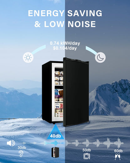 Feelfunn 3.0 Cu.ft Upright Freezer - Compact Mini Freezer with 7 Adjustable Thermostat, Removable Shelves, Reversible Single Door, 360°Uniform Cooling Small freezer for Home Office Kitchen Dorm, Black