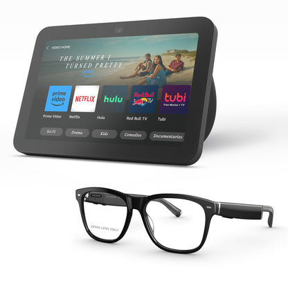Amazon Echo Frames (newest model) + Echo Show 8 (newest model), Smart Glasses with Alexa, Square frames in Classic Black with prescription ready lenses