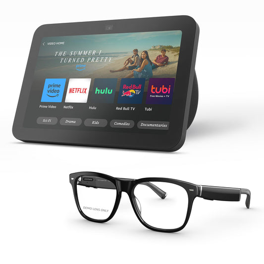 Amazon Echo Frames (newest model) + Echo Show 8 (newest model), Smart Glasses with Alexa, Square frames in Classic Black with prescription ready lenses