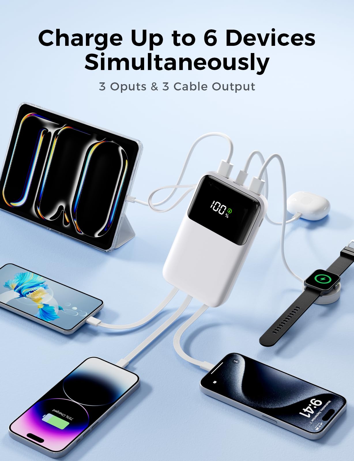 HELLEE Portable Charger with Built in Cable, 15000mAh Power Bank, 22.5W Fast Charging, 6 Outputs, Slim Travel Essential Battery Pack with LED Display, Compatible with iPhone 16/15/14/13, iPad