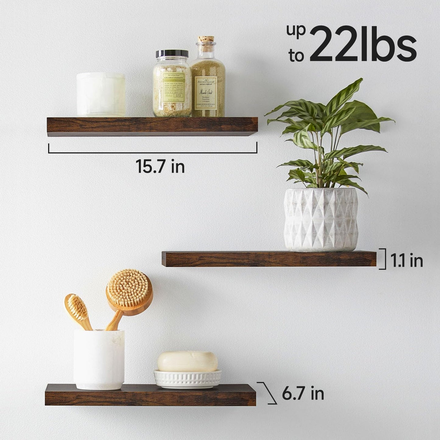 BAYKA Bathroom Floating Shelves for Wall – Bathroom Shelf Over Toilet Farmhouse Rustic Wood for Bedroom, Kitchen, or Living Room Decor – Rustic Brown, Set of 3, Sturdy Storage with 22lb Capacity