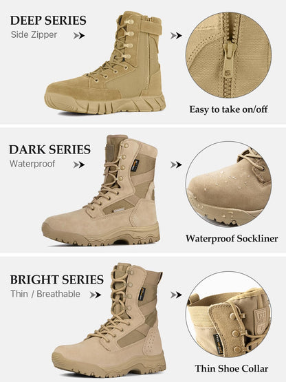 FREE SOLDIER Men's 8 Inch Tactical Side Zip Boots Military Army Work Boots Lightweight Combat Boot for Motorcycle Boot(Tan 10.5)