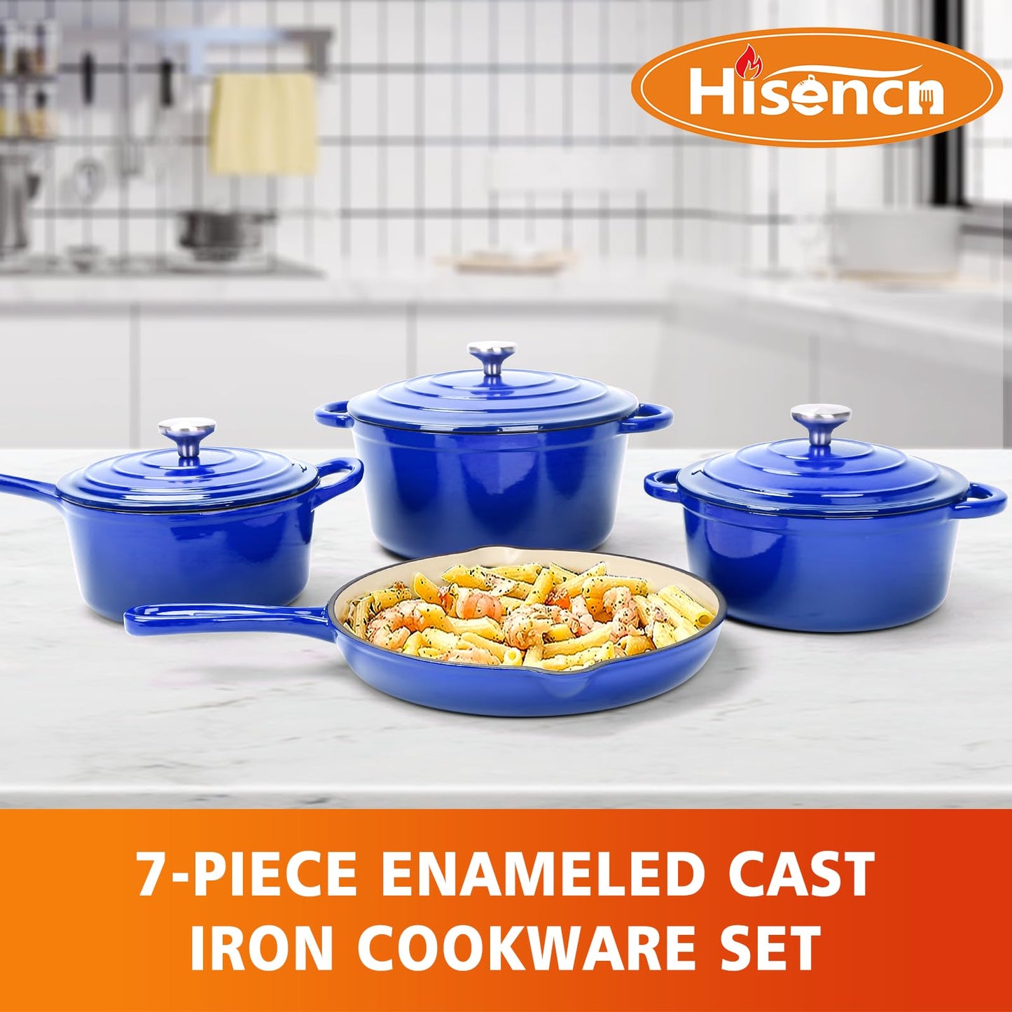 7-Piece Enameled Cast Iron Cookware Set: Dutch Ovens, Skillet & Sauce Pan with Non-Stick Ceramic Coating - Oven Safe to 550°F, PFOA-Free (Cobalt Blue)