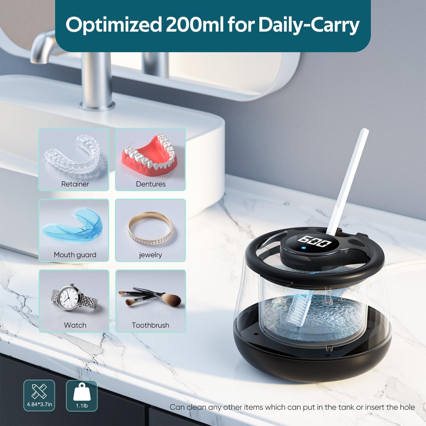 KINTLE Ultrasonic Retainer Cleaner Machine- 45kHz Denture Cleaner, 200ML Dental Cleaning Pod for Aligners, Mouth Night Guards, Toothbrush Heads & Jewelry, 4 Cleaning Modes, Digital Timer, Black