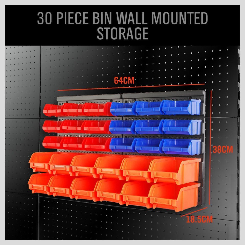 HORUSDY Wall Mounted Storage Bins Parts Rack 30PC Organizer Garage Plastic Shop Tool for Men's Gift, Blue,Orange,Red