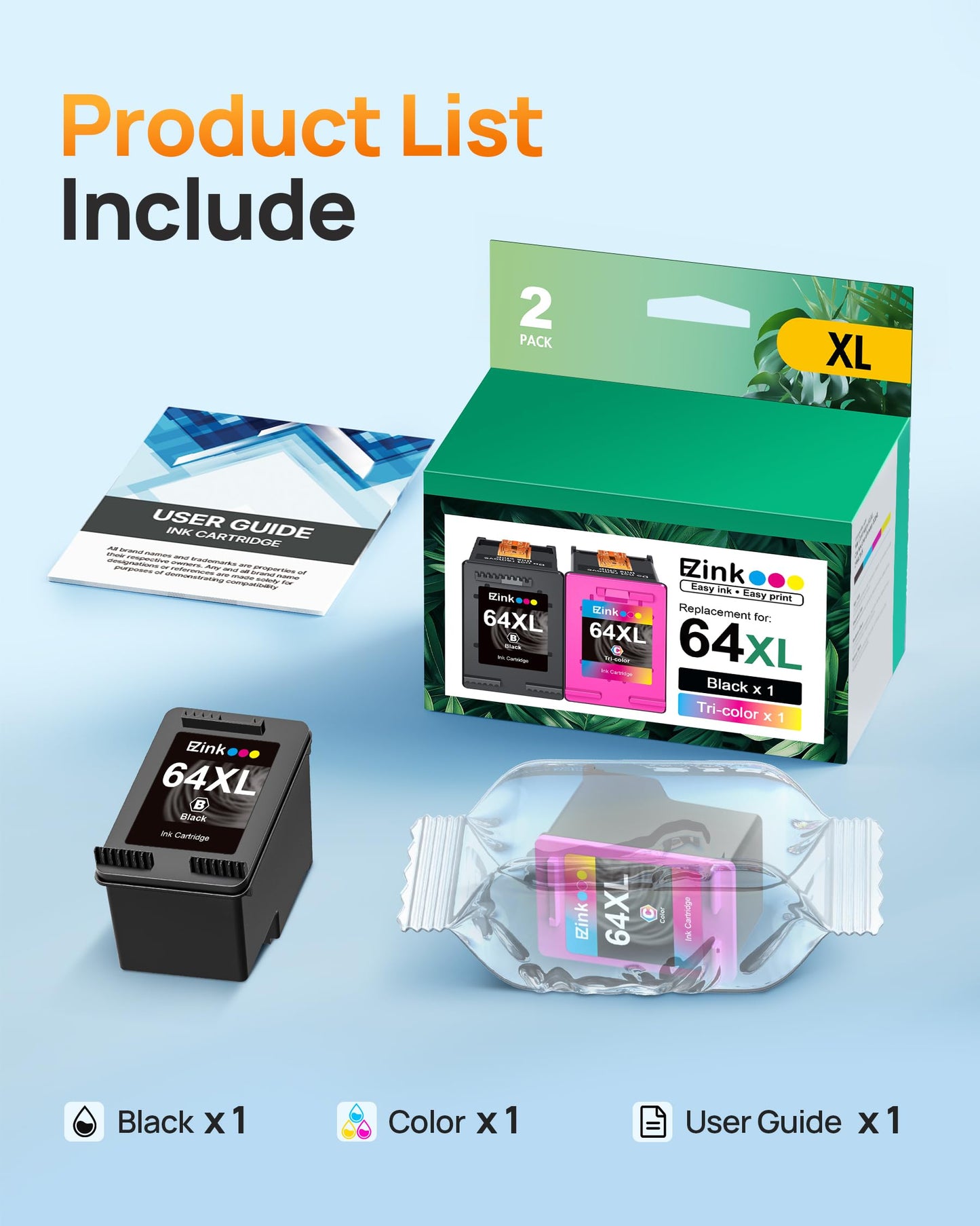 64XL Ink Cartridges Remanufactured for HP 64XL Ink Cartridge Combo Pack Replacement for HP 64 Ink to use with HP Envy Photo 7855 7858 7155 7120 7158 7164 6255 Tango X Printers (1 Black, 1 Tri-Color)