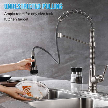 Single Handle Kitchen Sink Faucet with Pull Down Sprayer, Single Level Pull Out Kitchen Faucet, Brushed Nickel