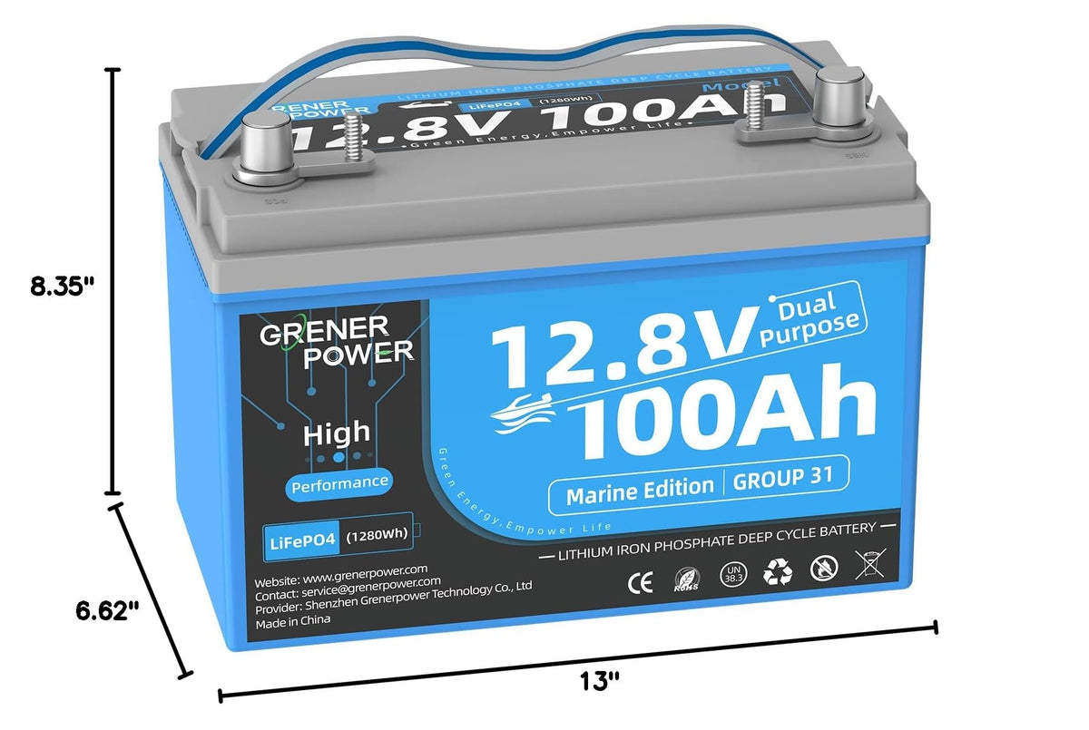 GrenerPower 12.8V100Ah Group 31 Dual Purpose LiFePO4 Battery, Built-in 200A BMS, IP66 Waterproof, and Max. 900A Marine Cranking Starting Lithium Battery, Up to 4P4S for Outboard Motors, Boat, RV, Home