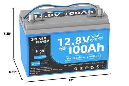 GrenerPower 12.8V100Ah Group 31 Dual Purpose LiFePO4 Battery, Built-in 200A BMS, IP66 Waterproof, and Max. 900A Marine Cranking Starting Lithium Battery, Up to 4P4S for Outboard Motors, Boat, RV, Home
