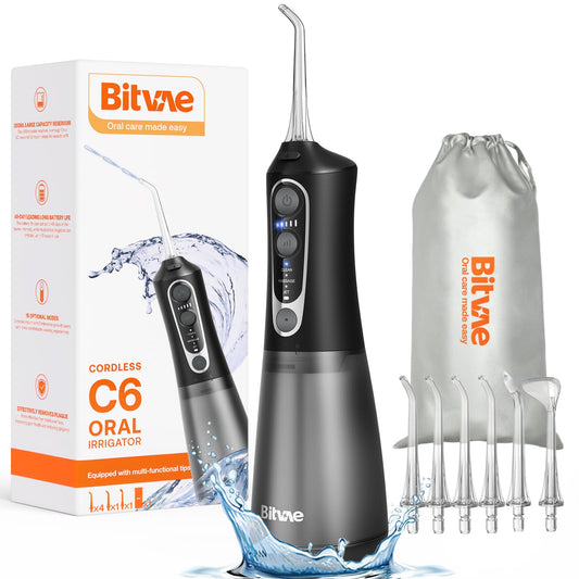 Bitvae C6 Water Flossers for Teeth - Cordless Water Dental Flosser Teeth Picks for Travel with 6 Jet Tips, 3 Modes 5 intensities, IPX7 Waterproof Portable & Rechargeable Oral Irrigator Cleaner, Black