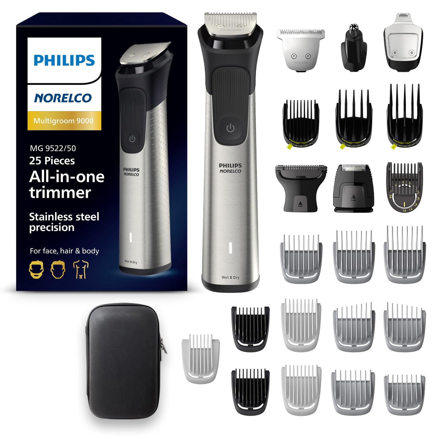 Norelco Philips Multigroom 9000 Series, All-in-One Trimmer, Beard Trimmer and Hair Clipper, 25-Piece/27-Length Men's Grooming Kit for Beard, Face, Nose, Ear and Body, Travel Kit, MG9522/50