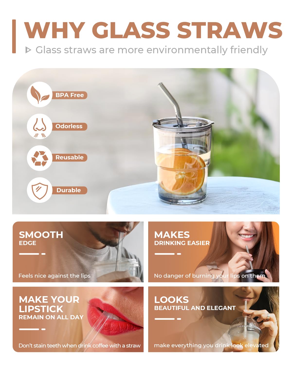 Foogwee® 20 Packs Reusable Glass Straws Set, 8.5'' x 10mm Clear Drinking Straws for Smoothies, Shakes, Coffee, Juice, Sodas, Milk, Tea, Cocktails, Set of 8 Straight and 8 Bent with 4 Cleaning Brushes