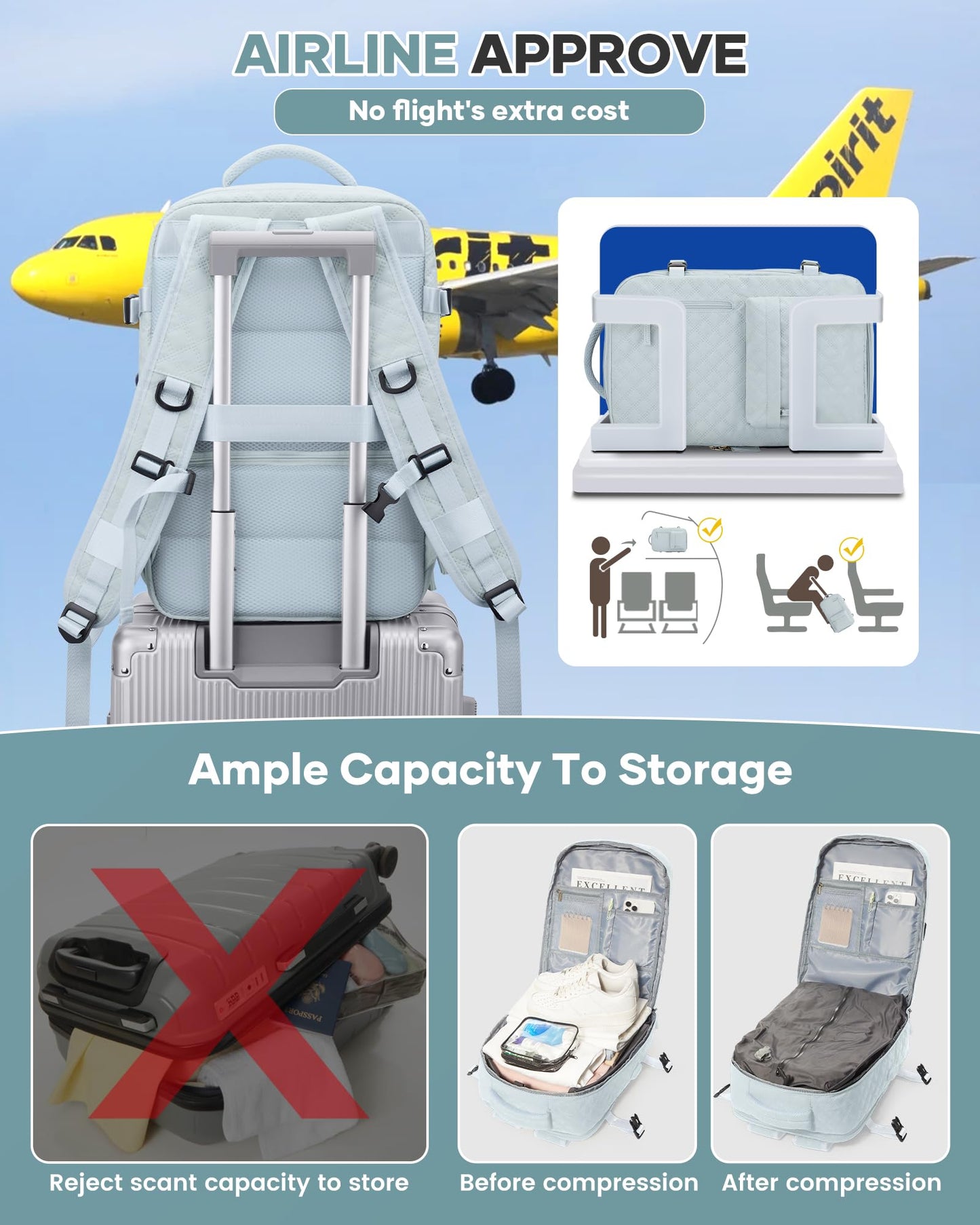 Travel Vacuum Storage Backpack with Air Pump Vacuum Seal Compression Space Saver Bags Clothing Vacpack 18x14x8 inches Travel Bag Carry on Personal item Laptop Work Backpacks Women LightBlue