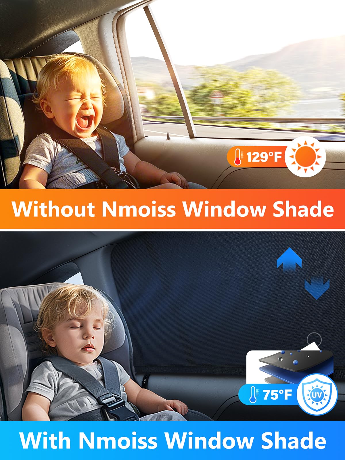 Nmoiss [2025 Upgraded] Car Window Shades for Baby[Ice Crystal Cooling Layer](2 Pack) UV-Blocker Cling Sun Shade 99% UV Protection Fit SUV/Sedan/Minivan | Roll Windows Down, Privacy Safe Medium