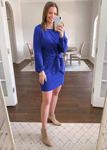 PRETTYGARDEN Women's Elegant Long Lantern Sleeve Short Dress Crewneck Tie Waist Knit Cocktail Dress (Blue,Small)
