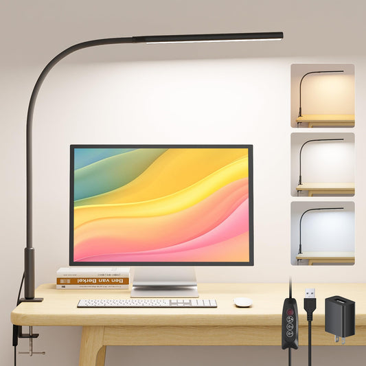 LED Desk Lamp with Clamp, Eye Caring Clip Light for Home Office, 3 Colors Stepless Dimming, Flexible Gooseneck Table Lamp with USB Adapter for Reading Working Workbench Drawing Gaming (Black Pro)