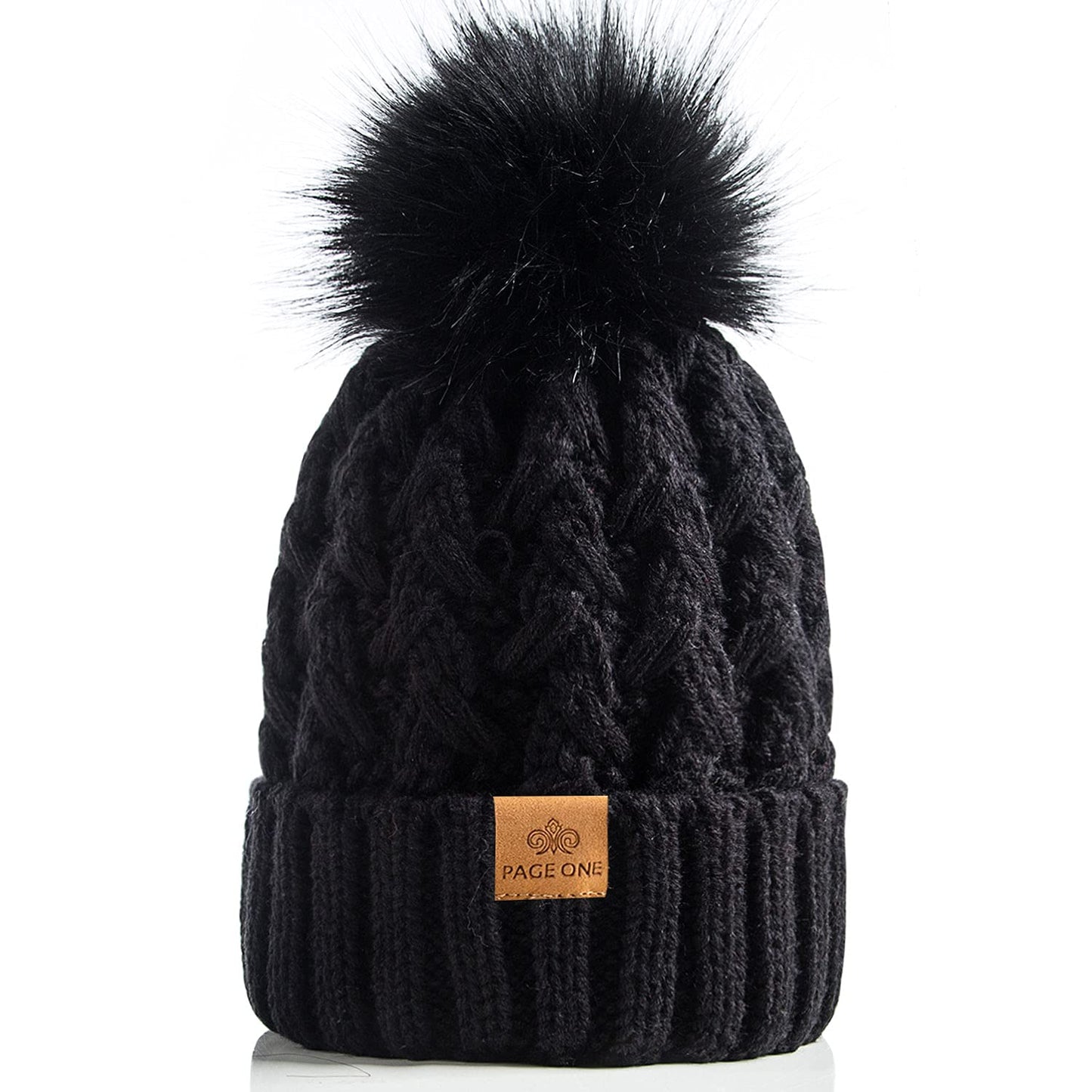 PAGE ONE Womens Winter Ribbed Beanie Crossed Cap Chunky Cable Knit Pompom Soft Warm Hat Black