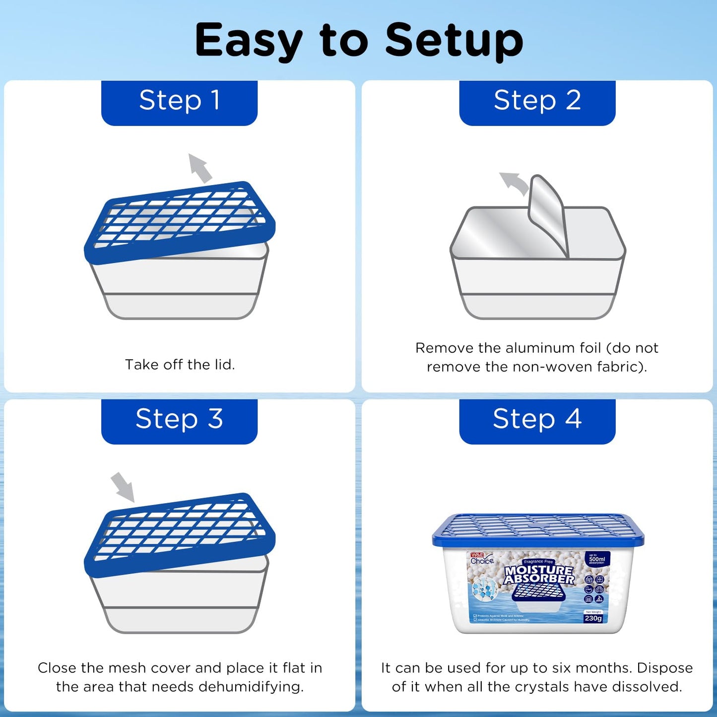 W&E Choice Moisture Absorbers, Portable Humidity Absorber Boxes for Your Bathroom, Closet & Car, Dehumidifier with Fragrance Free, 6 Pack