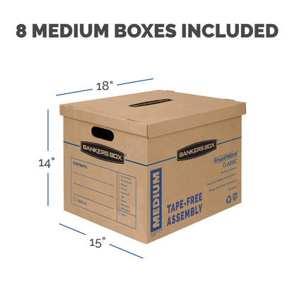 Bankers Box Medium Classic Moving Box 8 Pack, Reinforced Handles, Tape-Free Assembly, Box with Lid, 19-in x 14.5-in x 15.5-in (7717201)