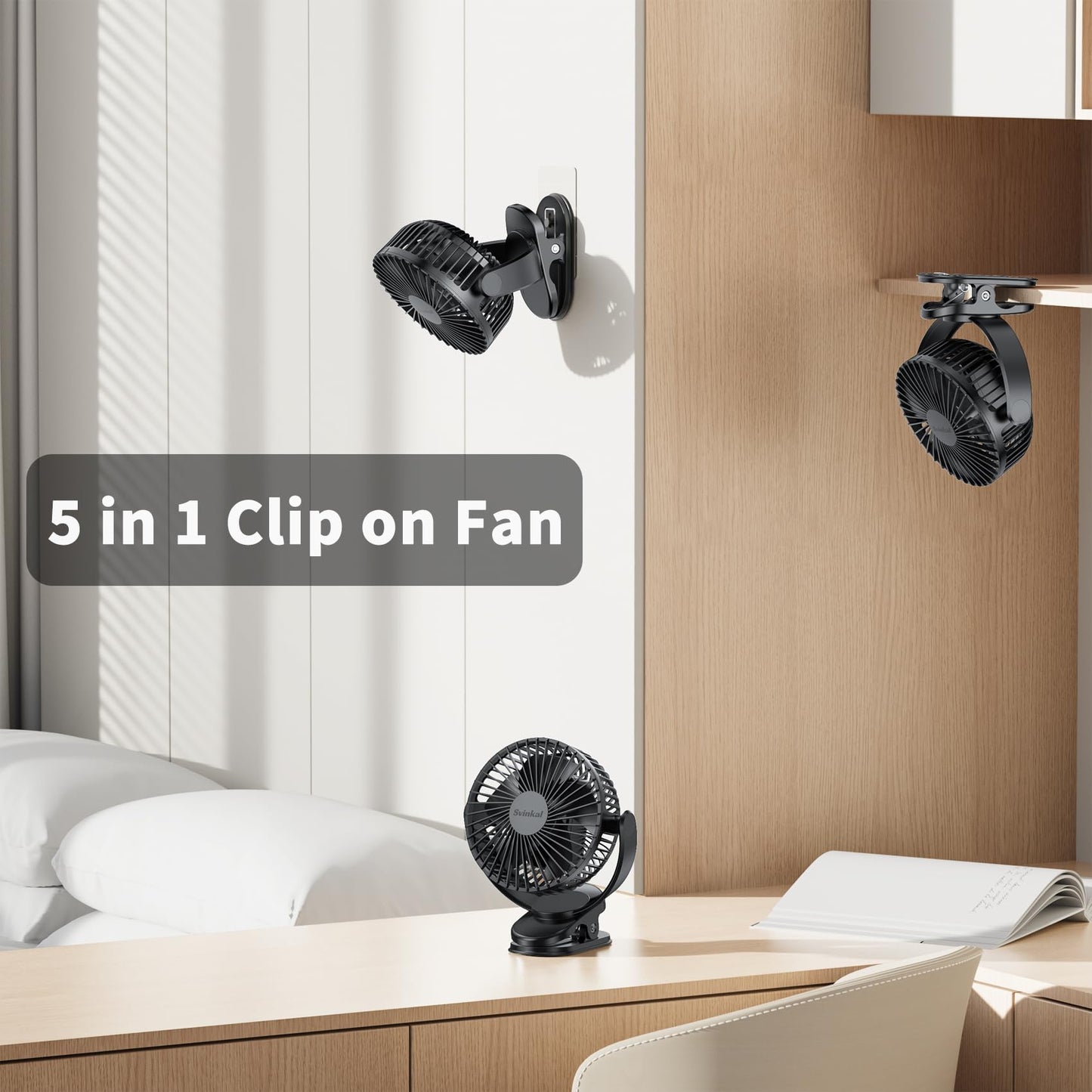 Svinkal Clip on Fan, 5000mAh USB Charging Portable Battery Fans, 6Inch Quiet USB Personal Desk Fan, 3 Speeds, 720° angle adjustment, Small Stroller Fan for home office dormitory.