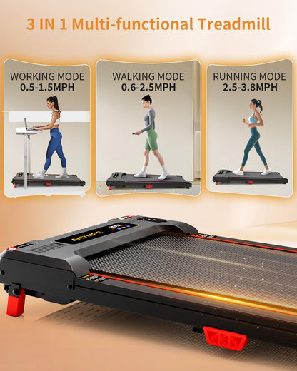 Anylife Treadmill Incline Walking Pads Under Desk 330lb Capacity, 2.5HP Portable Small Running Pad with LED Display for Home, Compact, Remote Control, Black Red