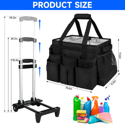ZIOZERTT Large Rolling Cleaning Caddy Bag with Detachable Trolley,Cleaning Cart on Wheels with Shoulder Strap,Cleaning Supplies Organizer for Housekeepers,Black