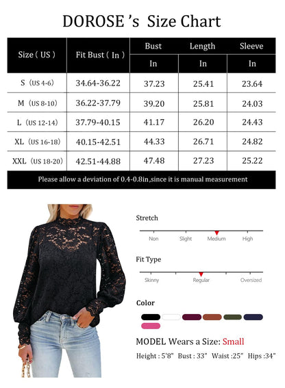 DOROSE Blouses for Women Fashion Fall Tops Puff Sleeve Lace Crochet Shirts Black L