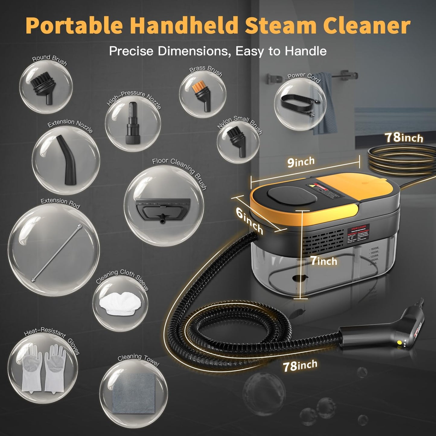 Steam Cleaner, 3-Level Adjustable Handle, 15s Heat-Up, 1.69 Quarts Tank, Portable Steamer for Cleaning with 11 pcs Accessories, Steam Cleaner for Home for Dirt, Grease, Grout, Tile,Floor,Couch and Car