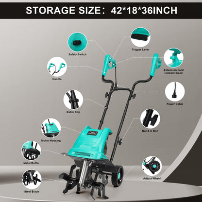 IncwBo 13.5 Amp 12 Inch Electric Tiller/Cultivator with 4 Steel Tines, 8'' Tilling Depth Small Garden Tiller for Gardening, Corded Rototiller with Adjustable Wheels
