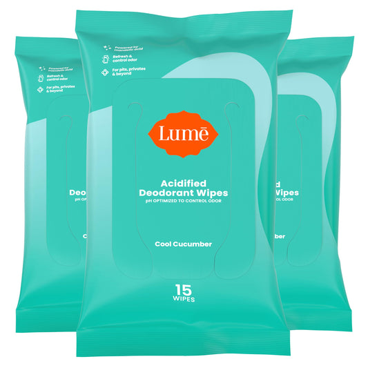 Lume Acidified Deodorant Wipes - 24 Hour Odor Control - Aluminum Free, Baking Soda Free, Skin Loving - 15 Count (Pack of 3) (Cool Cucumber)