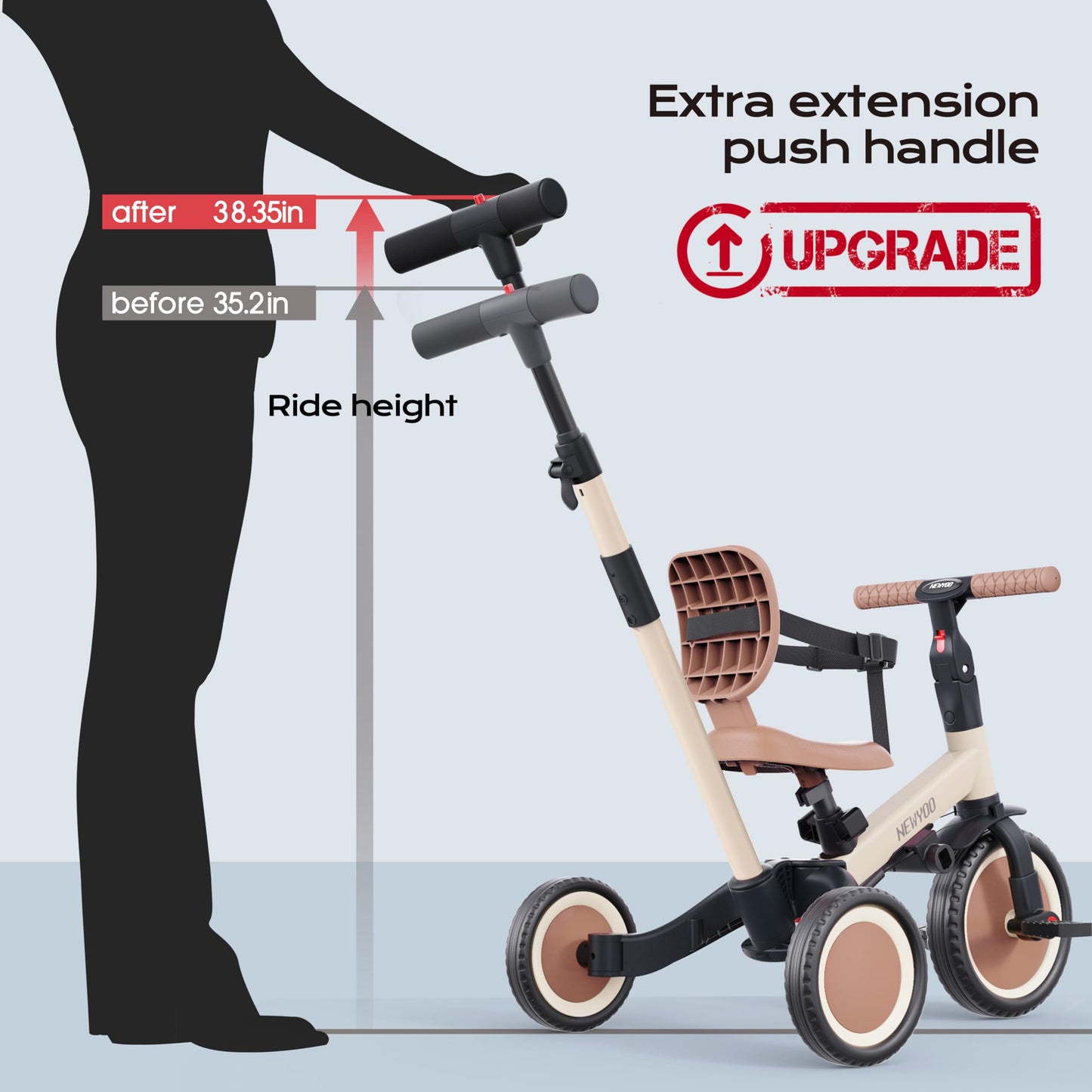 newyoo Toddler Tricycle with Push Handle for 1-3 Year Old, Toddler Bike, Birthday Gift and Toy for Boys and Girls, 5 in 1 Kids Trike, Balance Bike with Backrest and Safety Belt, Khaki, TR007