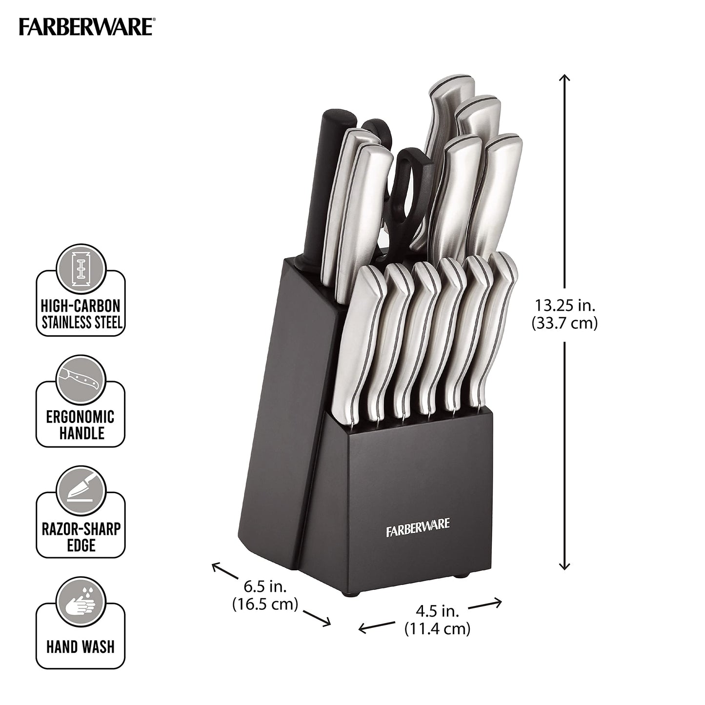 FARBERWARE 15-Piece Kitchen Knife Set with High-Carbon Stainless Steel Blades, Black Handles, Steak Knives, Wood Block, Razor Sharp and Ergonomic