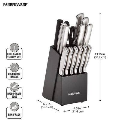 FARBERWARE 15-Piece Kitchen Knife Set with High-Carbon Stainless Steel Blades, Black Handles, Steak Knives, Wood Block, Razor Sharp and Ergonomic