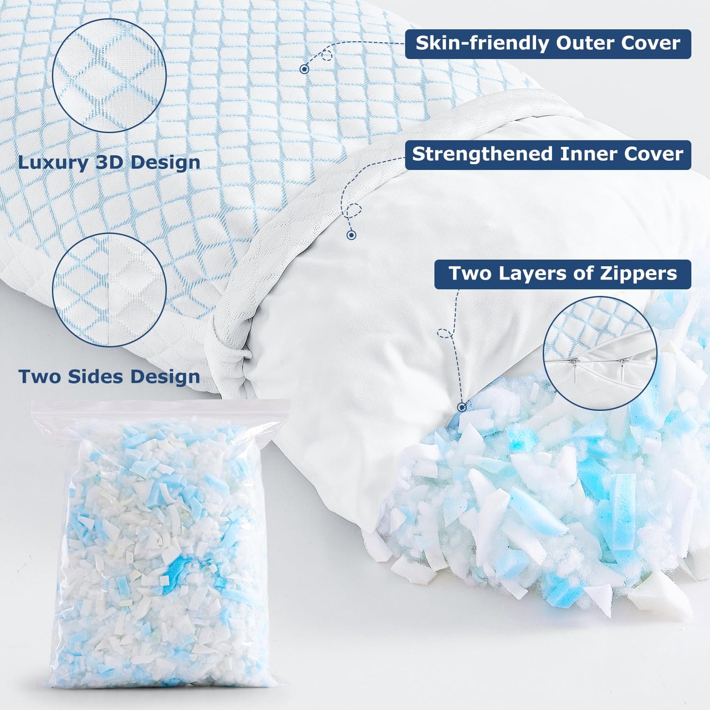 mislili Cooling Pillows King Size Set of 2, Adjustable Firm Shredded Memory Foam King Pillow, King Size Pillows for Stomach Back Side Sleepers, Washable Cover, with Extra Fill