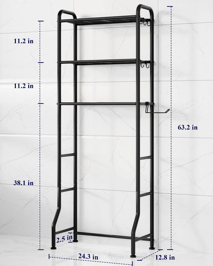 Kitsure Over Toilet Storage Rack - Metal Over Toilet Bathroom Organizer Shelf, Over The Toilet Storage Cabinet with Paper Holder and Hooks, Bathroom Cabinet for Laundry, Black, 3 Tiers (63.2" H)
