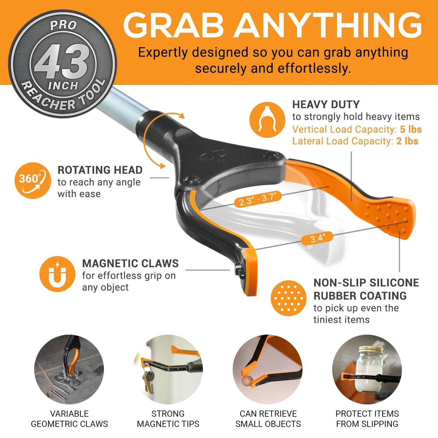 EZPIK Pro 43" Foldable Grabber Reacher Tool for Seniors - Grabbers for Elderly Reaching Tool Heavy Duty Pickup Trash Picker Upper Equipment - Claw Grabber Stick for Reaching Aids, Weed Gripper 2-Pack