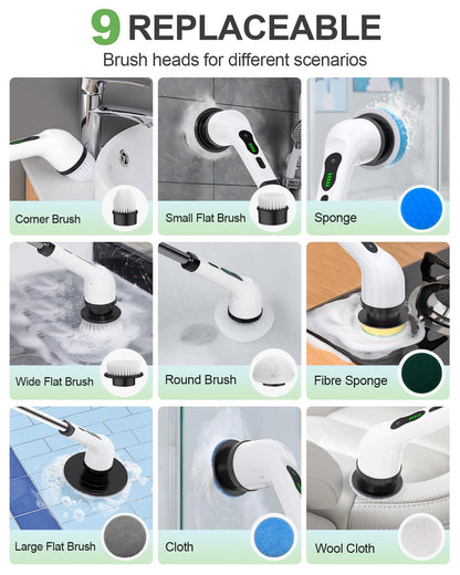Electric Spin Scrubber, Cordless Bathroom Shower Cleaner, Cleaning Brush with 9 Brush Heads 2H Power Dual Speed, Adjustable Extension Handle, IPX7 Waterproof for Tub Tile Floor Car, CA3-White